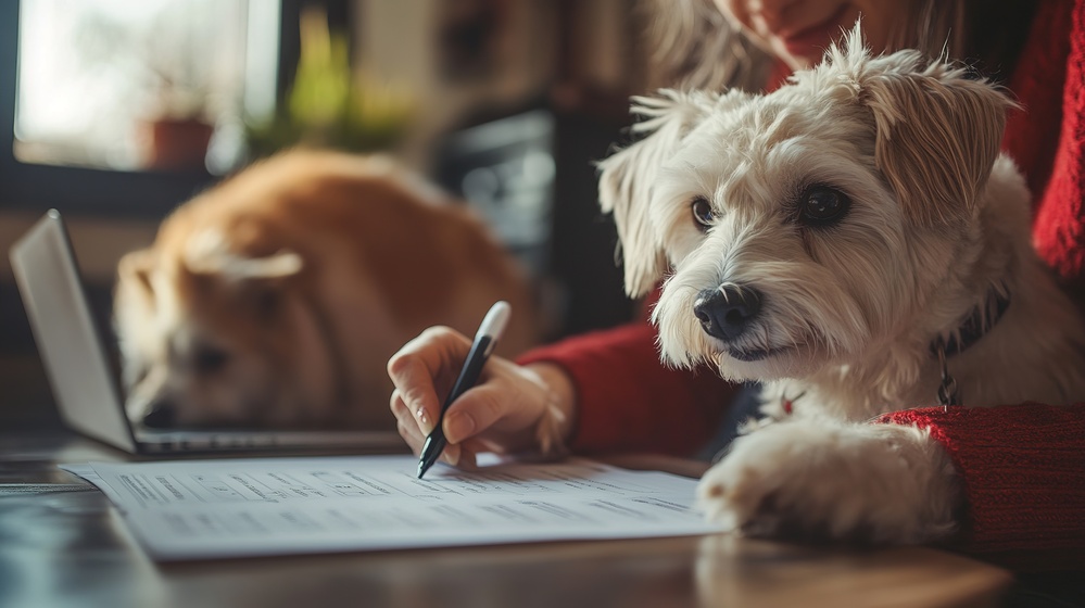 Happy dog with owner reviewing pet insurance policy