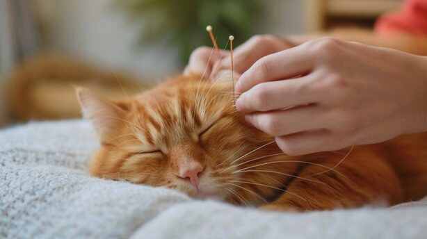 Veterinarian performing acupuncture on a calm dog as part of holistic treatment, Greater Boston Area